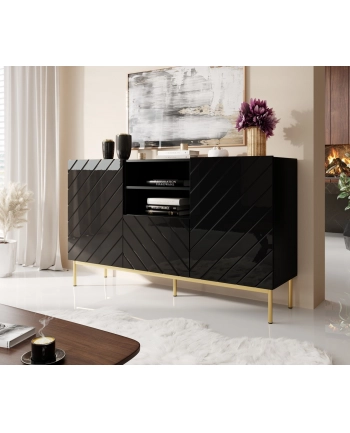 cama meble Komoda ABETO na złotym stelażu ze stali 150x42x90 czarny/czarny połysk