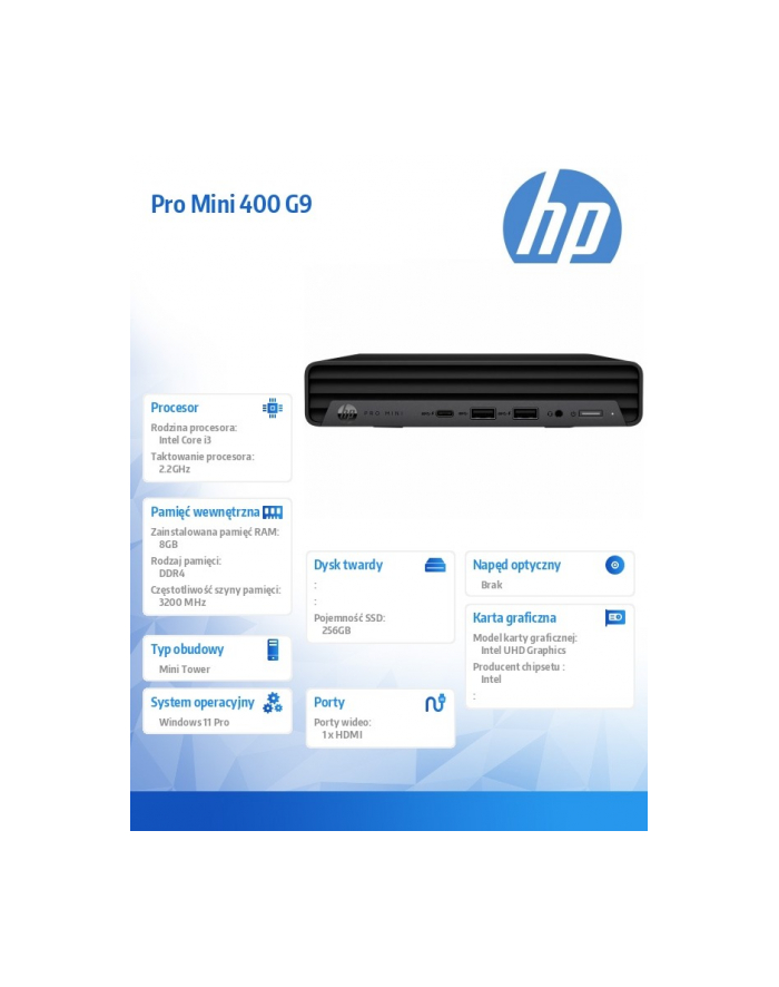hp inc. Komputer Pro Mini 400G9 MT i3-12100T 256GB/8GB/W11P     6B2H9EA główny