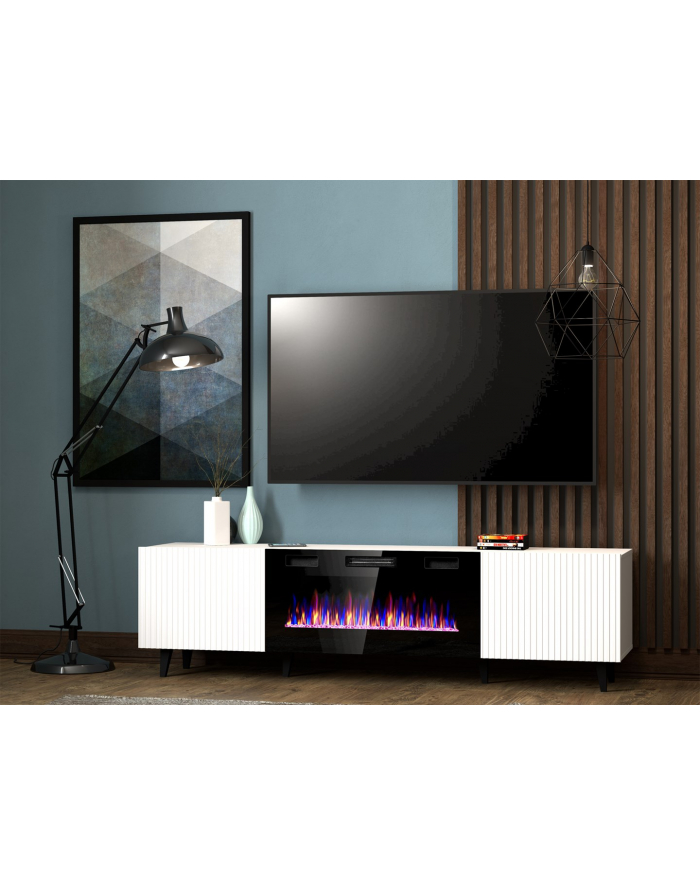 cama meble Szafka RTV PAFOS EF z kominkiem elektrycznym 180x42x49 biały mat główny
