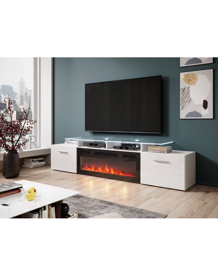 cama meble Szafka RTV ROVA z kominkiem elektrycznym 190x37x48 biały/biały połysk główny
