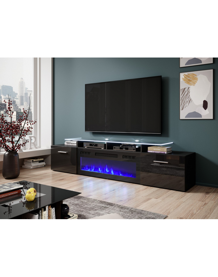 cama meble Szafka RTV ROVA z kominkiem elektrycznym 190x37x48 czarny/czarny połysk główny