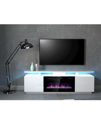 cama meble Szafka RTV EVA z kominkiem elektrycznym 180x40x52 biały/biały połysk