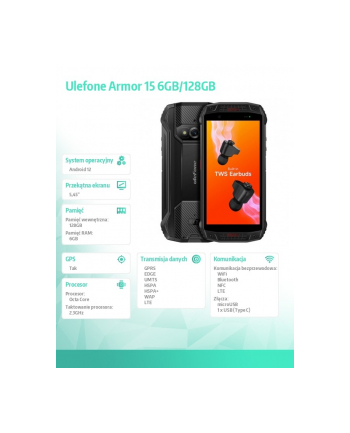ulefone Smartfon Armor 15 6GB/128GB IP68/IP69K 6600mAh DualSIM Wbudowane Słuchawki Czarny