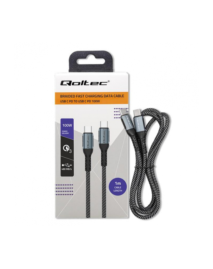 qoltec Kabel USB 2.0 typ C | USB 2.0 typ C 100W | QC 3.0 | PD | 1m |    Czarny główny