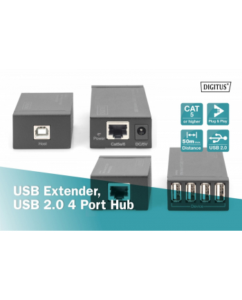 digitus Przedłużacz/Extender HUB 4 porty USB 2.0 po skrętce kat. 5e/7, do 50m