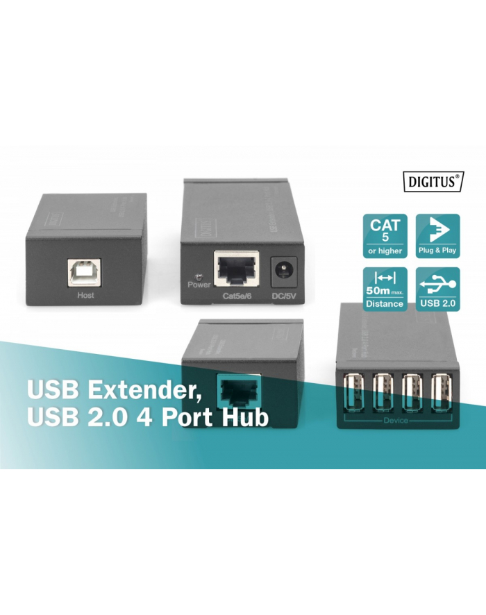 digitus Przedłużacz/Extender HUB 4 porty USB 2.0 po skrętce kat. 5e/7, do 50m główny