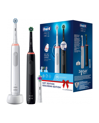 Braun Oral-B Pro 3 3900 Gift Edition, Electric Toothbrush (Kolor: BIAŁY/Kolor: CZARNY, incl. 2nd handpiece)