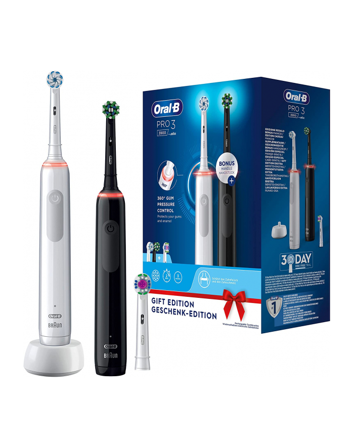 Braun Oral-B Pro 3 3900 Gift Edition, Electric Toothbrush (Kolor: BIAŁY/Kolor: CZARNY, incl. 2nd handpiece) główny