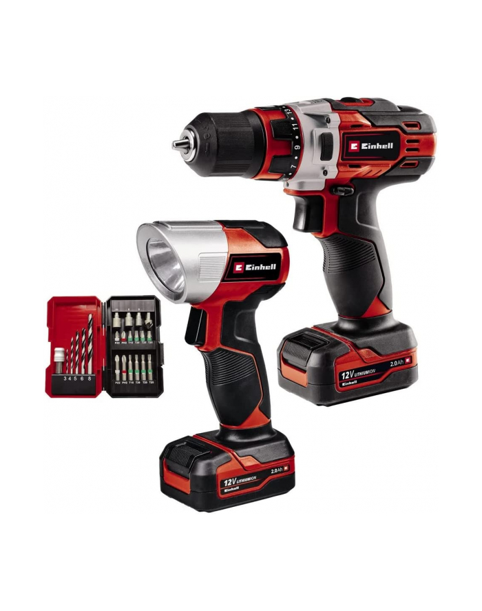 Einhell Cordless Drill TE-CD 12/1 +22+CL, 12V (red/Kolor: CZARNY, 2x Li-Ion battery 2Ah, 22-piece bit and drill set + battery light) główny