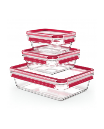 Emsa CLIP ' CLOSE glass food storage jar, 3-piece set (transparent/red, rectangular, 3 jars + 3 lids)