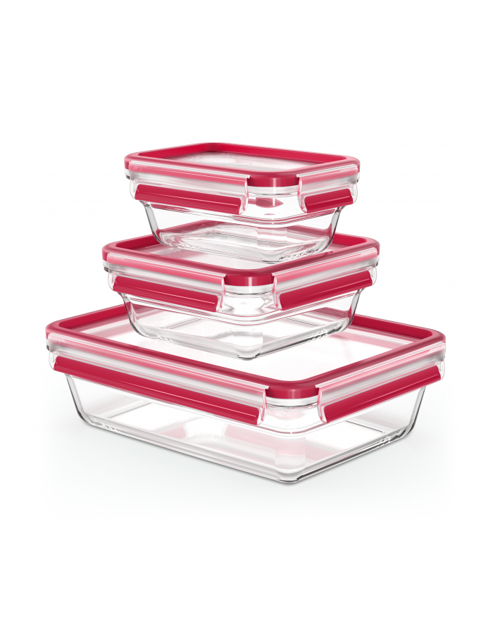 Emsa CLIP ' CLOSE glass food storage jar, 3-piece set (transparent/red, rectangular, 3 jars + 3 lids) główny