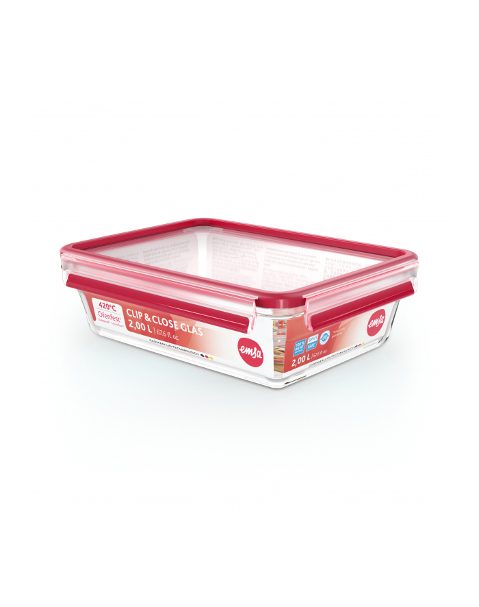 Emsa CLIP ' CLOSE glass food storage container 2.0 liters (transparent/red, rectangular) główny