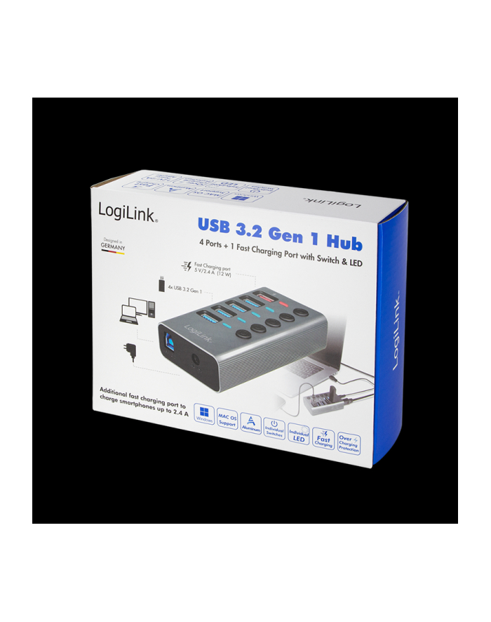LogiLink USB 3.2 Gen 1 hub 4-port + 1x Fast Charging port on/off switch USB hub - 5 - Szary (UA0386) główny