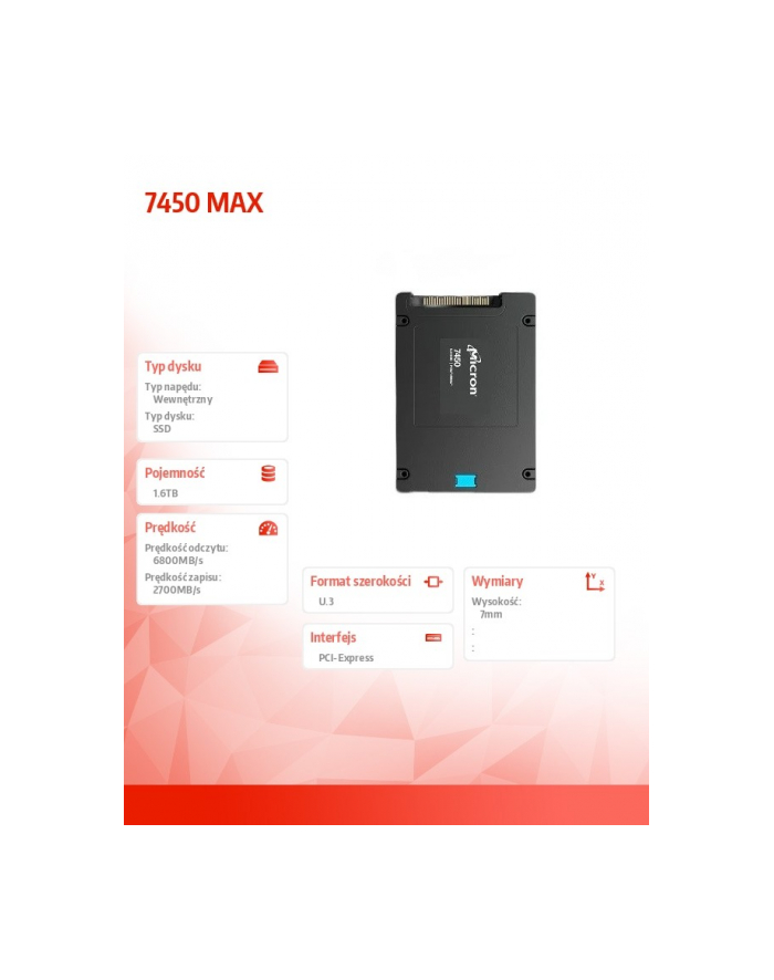 micron Dysk SSD 7450 MAX 1600GB NVMe U.3 7mm Single pack główny