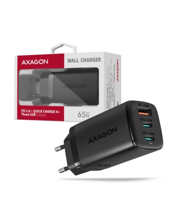 axagon Ładowarka sieciowa ACU-DPQ65, GaN 65W, 3x port (USB-A + dual USB-C), PD3.0/QC4+/PPS/Apple