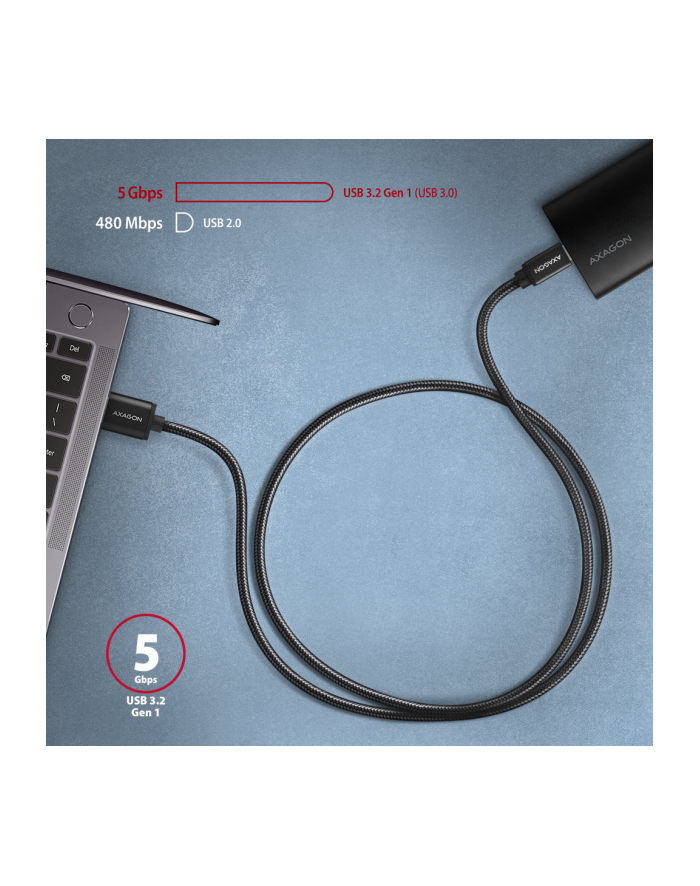 axagon Kabel USB-C - USB-A 2m USB 3.2 Gen 1, 3A, ALU, oplot BUCM3-AM20AB, czarny główny