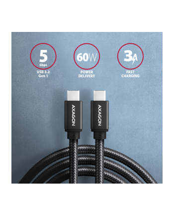 axagon Kabel USB-C - USB-C BUCM3-CM20AB 3.2 Gen 1, 2m, PD 60W, 3A, ALU, oplot, czarny