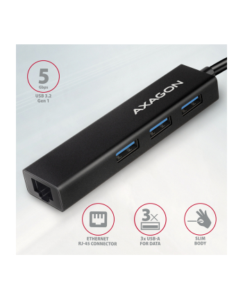 axagon Karta sieciowa, hub metalowy HMC-GL3A 3x USB-A + GLAN, USB 3.2 Gen 1, 20 cm USB-C kabel nr 1