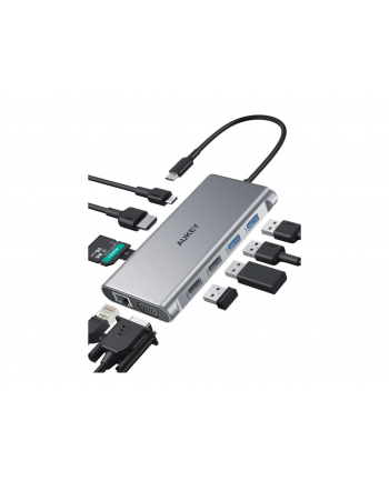 aukey Hub USB-C CB-C89 aluminiowy  | 10w1 | RJ45 Ethernet 10/100/1000Mbps | 4xUSB | HDMI 4k@30Hz | SD i microSD | USB-C Power Delivery 100W