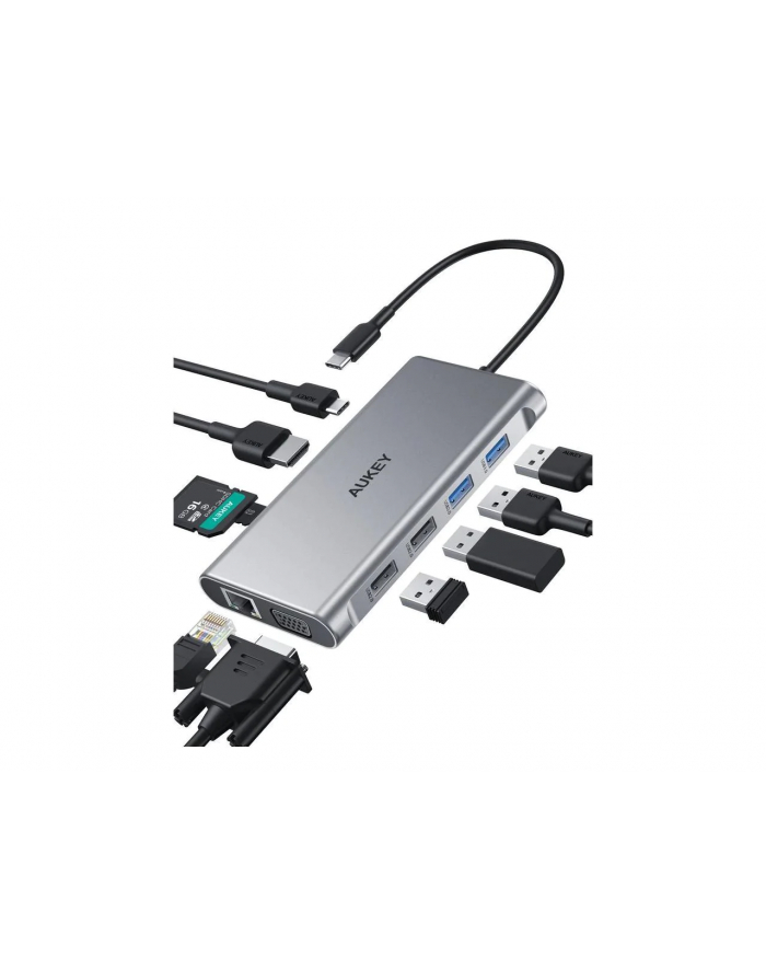 aukey Hub USB-C CB-C89 aluminiowy  | 10w1 | RJ45 Ethernet 10/100/1000Mbps | 4xUSB | HDMI 4k@30Hz | SD i microSD | USB-C Power Delivery 100W główny
