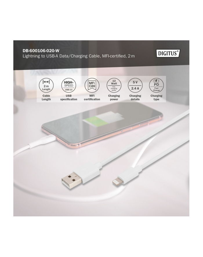 digitus Kabel do transmisji danych/ładowania USB A/Lightning MFI 2m Biały główny