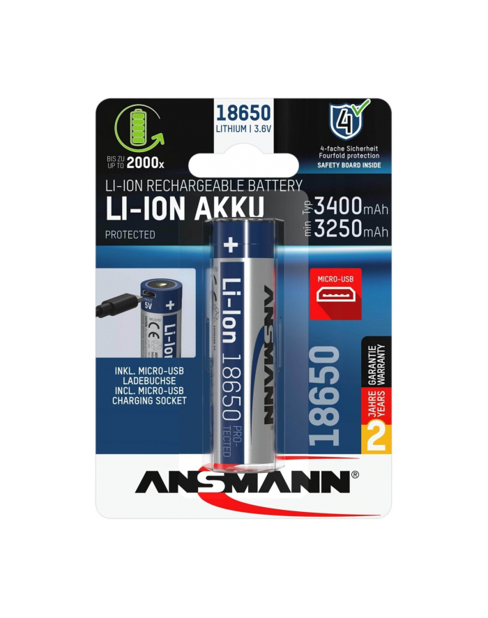 Ansmann Li-Ion battery 18650 3400 mAh with micro USB charging socket (18650, 1 piece) główny