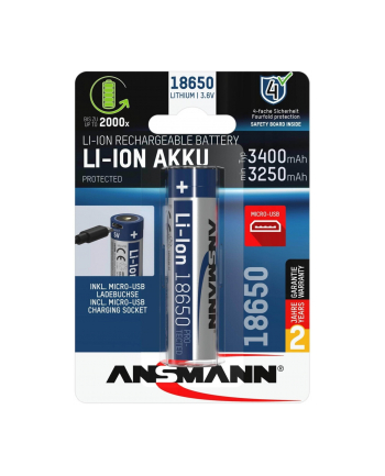 Ansmann Li-Ion battery 18650 3400 mAh with micro USB charging socket (18650, 1 piece)