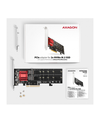 axagon Karta rozszerzeń PCEM2-ND, PCIe x 8 kontroler 2x slot M.2 NVMe M-key RAID wsparcie dla płyt bez bifurkacji, w zestawie LP