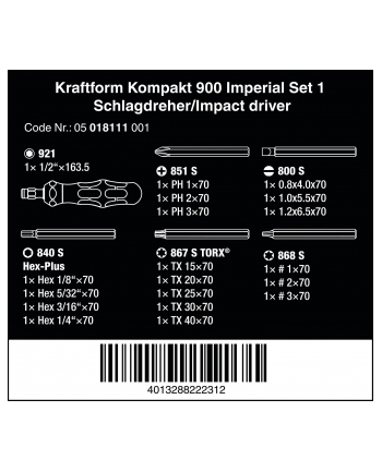 Wera Wkrętak Do Bitów Kraftform Kompakt 900 Imperial Set 1 05018111001 1/4''