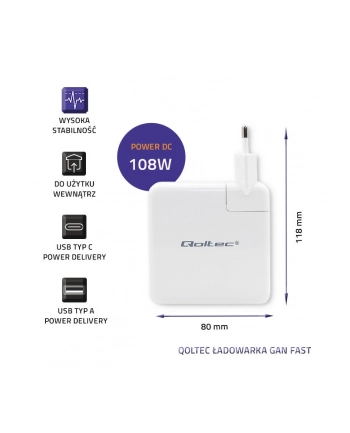 qoltec Ładowarka GaN FAST 108W | 5-20V | 3-4.7A | USB C | Biała