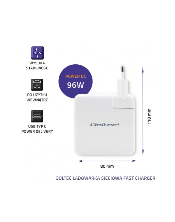 qoltec Ładowarka sieciowa FAST 96W | 5-20V | 3-4.7A | USB C PD | Biała główny