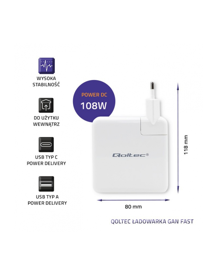 qoltec Ładowarka GaN FAST 108W | 5-20V | 3-4.7A | USB C | Biała główny