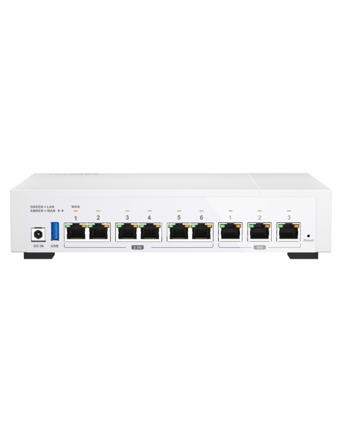 Qnap QHora-322 Router Procesor czterordzeniowy; 4 GB pamięci RAM; 3 porty 10GBASE-T 10G/5G/2.5G/1G/100M , 6 portów RJ45 2.5GbE (2.5G/1G/100M/10M) główny