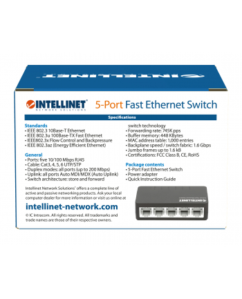 INTELLINET 5-Port Fast Ethernet Switch Desktop Size Plastic IEEE 802.3az Energy Efficient Ethernet Black