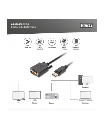 Kabel adapter DIGITUS DisplayPort z zatrzaskiem 1080p 60Hz FHD Typ DP/DVI-D (24+1) M/M 2m