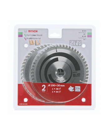 BOSCH PIŁA TARCZOWA DWUPAK OPTILINE WOOD 190x2,6/1,6x30x48z + MULTI MATERIAL 190x2,4/1,8x30x54z 2608644655