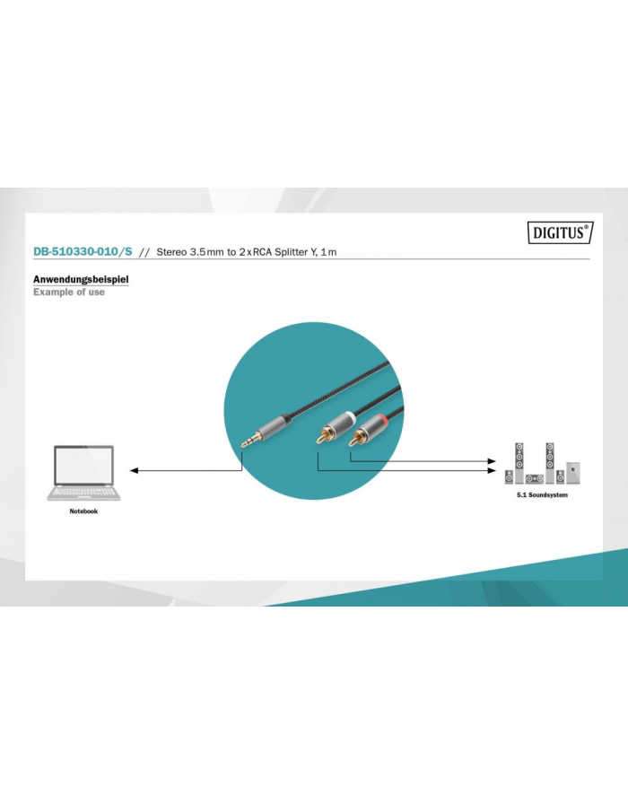 digitus Kabel adapter audio MiniJack/Cinch Stereo Typ 3.5mm/2xRCA M/M nylon 1m główny