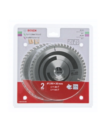 BOSCH PIŁA TARCZOWA DWUPAK OPTILINE WOOD 190x2,6/1,6x30x48z + MULTI MATERIAL 190x2,4/1,8x30x54z 2608644655