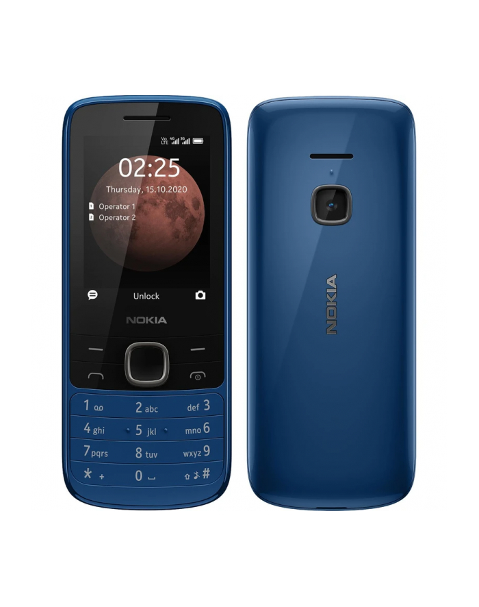 Nokia 225 4G TA-1316 Blue, 2.4 '', TFT, 240 x 320 pixels, 64 MB, 128 MB, Dual SIM, Nano-SIM, 3G, Bluetooth, 5.0, USB version MicroUSB, Built-in camera, Główna kamera (tył) 0.3 MP, 1150 mAh główny