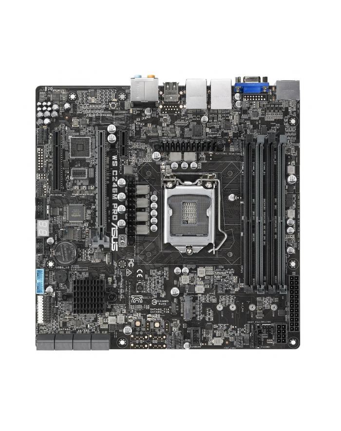 ASUS WS C246M PRO   1 x Socket LGA1151  Intel C246 Chipset 4x DDR4 2666  UDIMM non-ECC/ECC  3x PCIe 30  8x SATA  Intel Rapid Storage Technology  1x Intel® I210AT  1x i219-LM  2x USB 20  1x USB 30  1x M2  1x VGA Header  micro-ATX główny