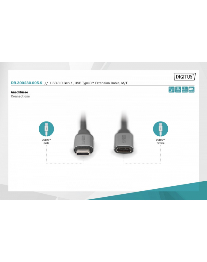 digitus Kabel przedłużający USB 3.0 60W/5Gbps Typ USB C/USB C M/Ż 0,5m Czarny główny