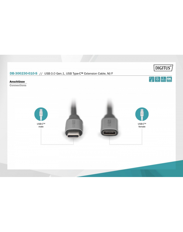 digitus Kabel przedłużający USB 3.0 60W/5Gbps Typ USB C/USB C M/Ż 1m Czarny główny