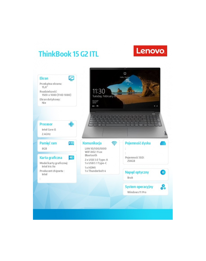 lenovo Laptop ThinkBook 15 G2 20VE012HPB W11Pro i5-1135G7/8GB/256GB/INT/15.6 FHD/Mineral Grey/1YR Premier Support główny