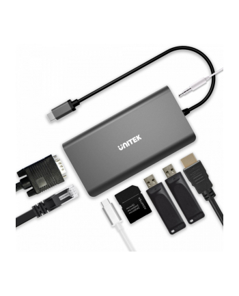 unitek HUB 8-w-1 USB-C 3.1, HDMI, VGA, RJ45, SD, PD 100W, D1019B