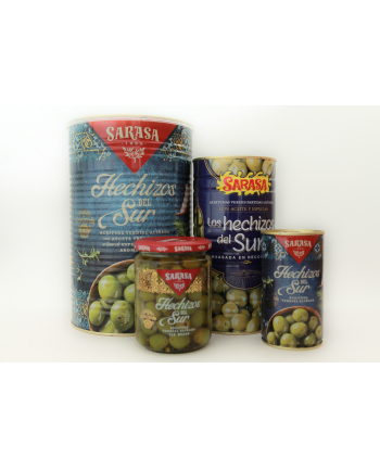 Oliwki SARASA Hechizos puszka 350g - zielone oliwki z pestką w zalewie z oliwą z oliwek oraz przyprawami
