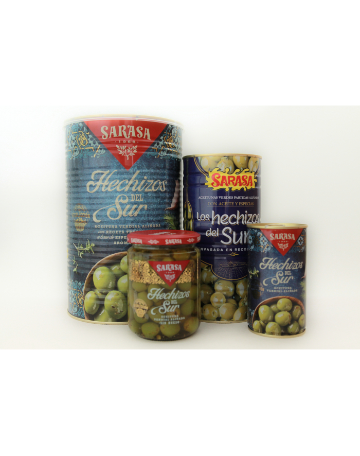 Oliwki SARASA Hechizos puszka 350g - zielone oliwki z pestką w zalewie z oliwą z oliwek oraz przyprawami główny
