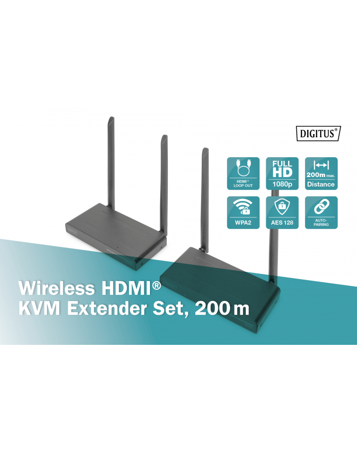 digitus Przedłużacz/Extender KVM HDMI+USB bezprzewodowy 200m 1080p FHD 60Hz (zestaw) główny