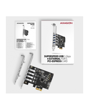 axagon Kontroler PC(wersja europejska)-43RS PCIe 4x port USB 3.2 GEN 1, UASP VIA, 15-pin SATA zasilacz