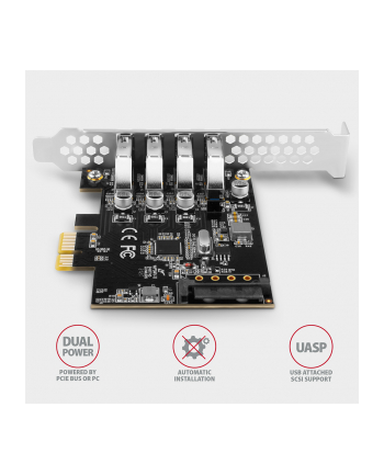 axagon Kontroler PC(wersja europejska)-43RS PCIe 4x port USB 3.2 GEN 1, UASP VIA, 15-pin SATA zasilacz