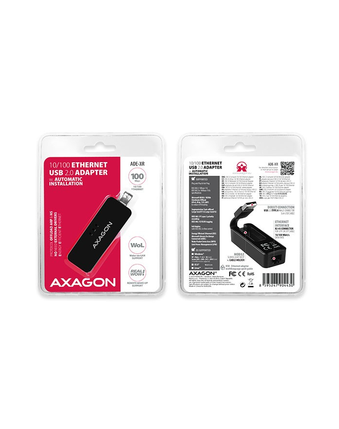 axagon AD-E-XR Karta sieciowa Fast Ethernet adapter, USB2.0, instalacja automatyczna główny